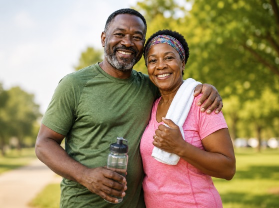 A happy African couple posing together outdoor after exercising